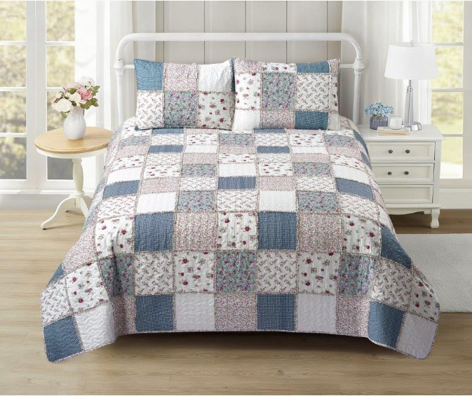 Blue with Roses Patchwork Quilt Set | Flower | Country Garden
