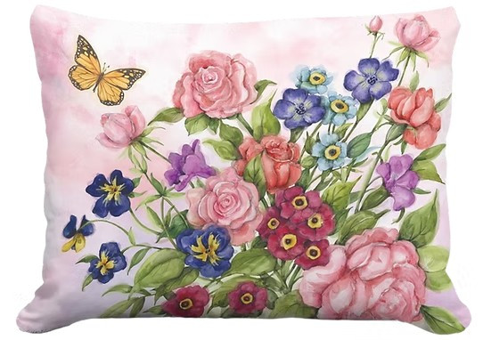 Butterfly with Roses and Pansies Indoor Outdoor Pillow | MCSW2601
