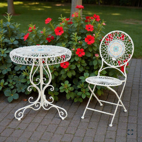 Three Piece Floral Mosaic Wire-Frame Bistro Set in Antique White  | ZLIZR250011-2-AWS