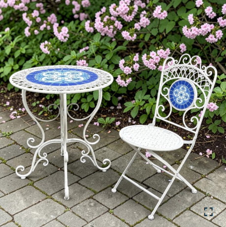 Three Piece Blue and White Floral Mosaic Bistro Set in Antique White | ZLIZR250051-2-AWS