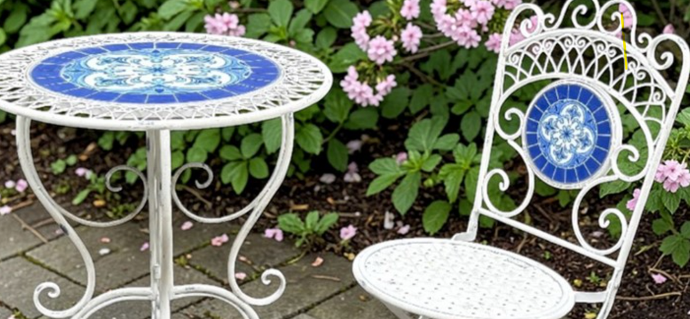 Three Piece Blue and White Floral Mosaic Bistro Set in Antique White | ZLIZR250051-2-AWS