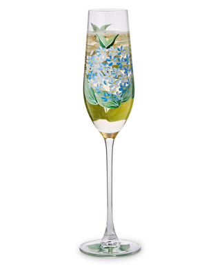 Set of 4 Hand Painted Hydrangea Handblown Champagne Flutes | TC55590