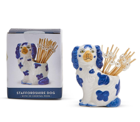 Hand Painted Blue and White Staffordshire Dog with 20 Appetizer Picks | TC54019
