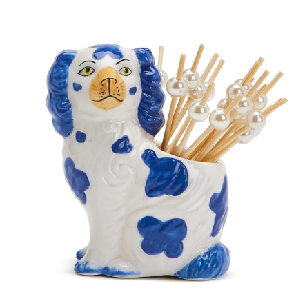 Hand Painted Blue and White Staffordshire Dog with 20 Appetizer Picks | TC54019