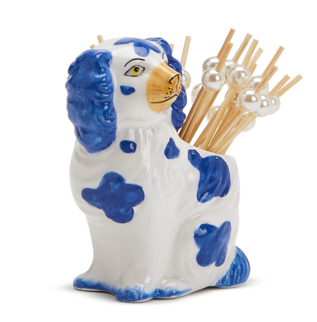 Hand Painted Blue and White Staffordshire Dog with 20 Appetizer Picks | TC54019