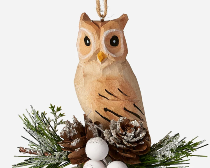 Hand Carved Wooden Owl on Glass Ornament | OHDNF0697 - Owl