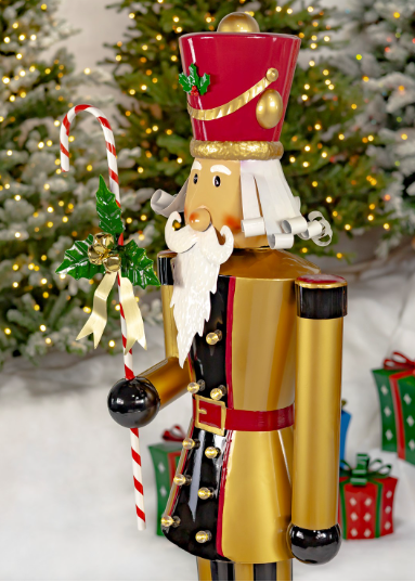 65.35" Tall Standing Iron Nutcracker in Gold with Candy Cane & LED Lights | ZLIZR220429