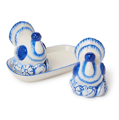 Blue and White Porcelain Turkey Salt and Pepper Shaker on Tray | TC82836