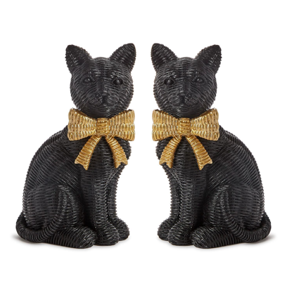 Set of 2 Wicker Weave Pattern Black Cats with Gold Bows | TC82877