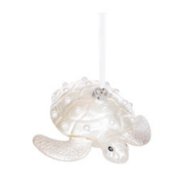 Blown Glass White Sea Turtle Ornament with Glass Pearls | GIIXORN80247
