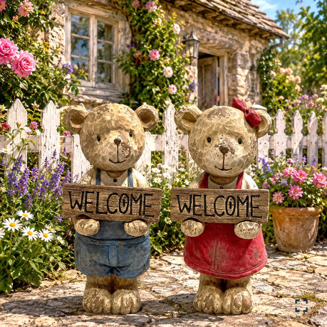 26" Tall Vintage-Style Boy Teddy Bear Garden Figurine Holding Welcome Sign | ZLIZR118329