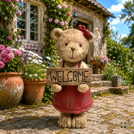 26" Tall Vintage-Style Girl Teddy Bear Garden Figurine Holding Welcome Sign | ZLIZR118327