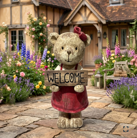 26" Tall Vintage-Style Girl Teddy Bear Garden Figurine Holding Welcome Sign | ZLIZR118327