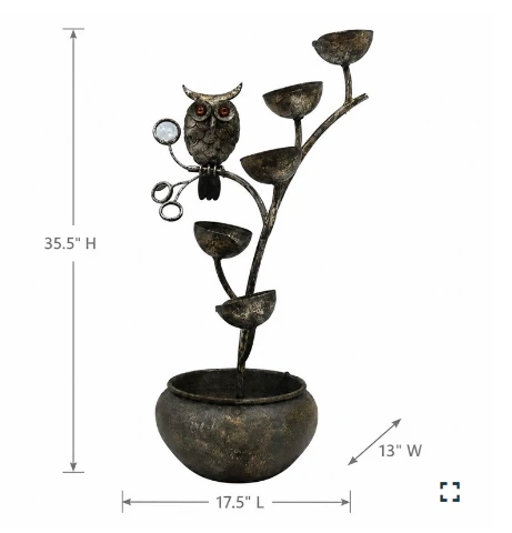 35.5" Tall Metal Owl on Branch Cascading Bowl Fountain | ZLISK761680)
