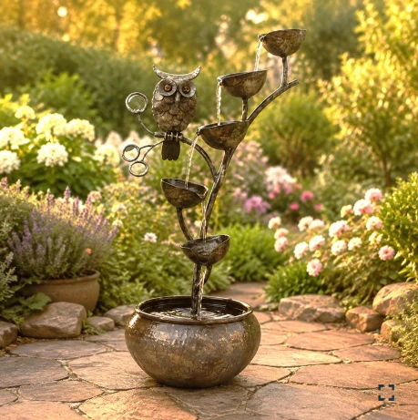 35.5" Tall Metal Owl on Branch Cascading Bowl Fountain | ZLISK761680)