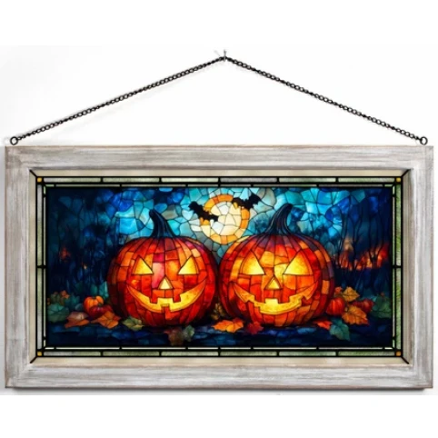  Pumpkin and Bats Stained Glass Art "October Glow" | WWD188319