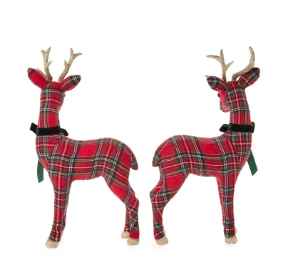 Set of 2 Holiday Tartan Deer with Velvet Bow and Glitter Accents | TC82902