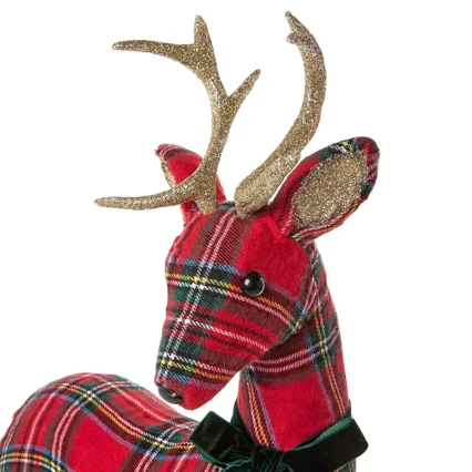Set of 2 Holiday Tartan Deer with Velvet Bow and Glitter Accents | TC82902