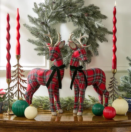 Set of 2 Holiday Tartan Deer with Velvet Bow and Glitter Accents | TC82902