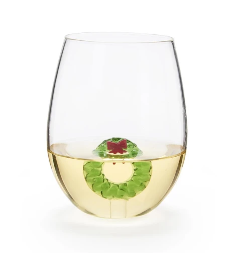 Set of 2 Hand Blown Jumbo Stemless Wine Glasses with Holiday Wreaths | TC82895