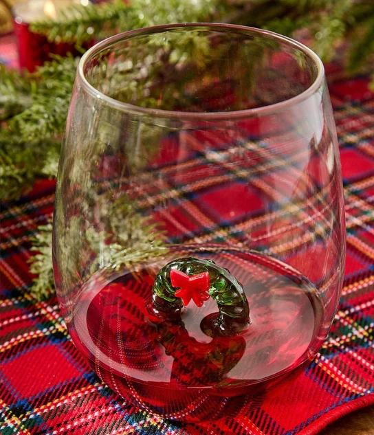 Set of 2 Hand Blown Jumbo Stemless Wine Glasses with Holiday Wreaths | TC82895