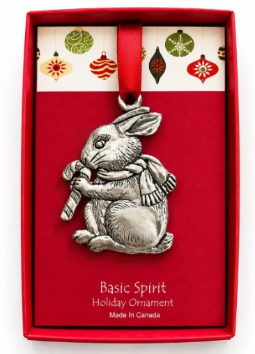 Boxed Handmade Candy Cane Rabbit Pewter Ornament | BSPCO-652