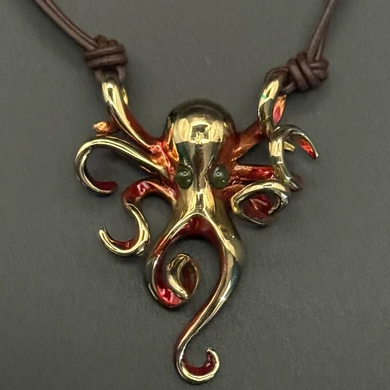 Orange Octopus Bronze Pendant On Cord | Nature Jewelry | ASJBRS1022-N-O