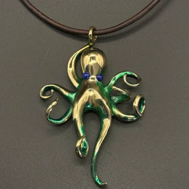 Large Green Octopus Bronze Pendant Necklace with Lapis Eyes | Nature Jewelry | ASJBRS1023-G