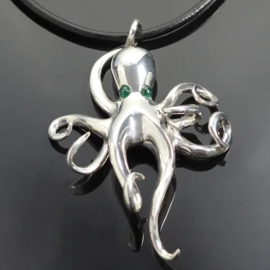 Large Sterling Silver Octopus with Emerald Eyes Pendant Necklace | Nature Jewelry | ASJBRS1023
