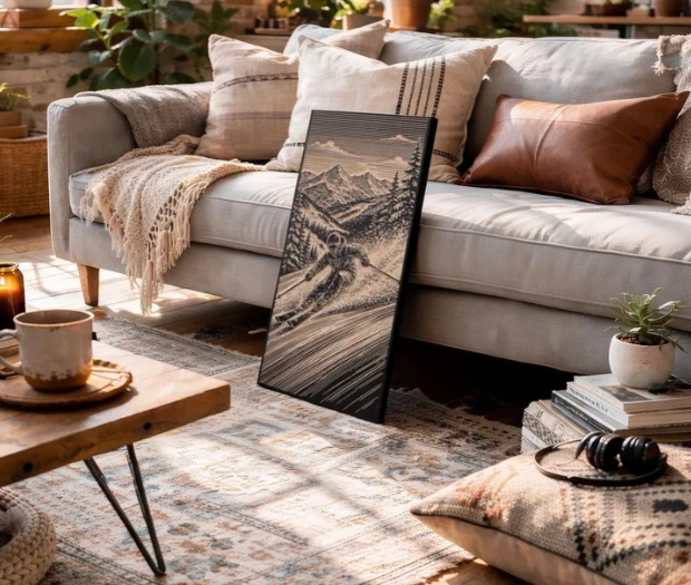 Engraved Birch Wood Panel of Skier in the Mountains | BEN5514-SKIER