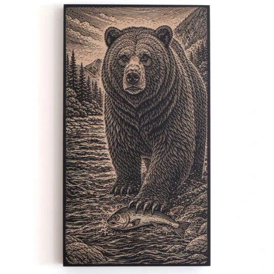 Engraved Birch Wood Panel of Grizzly Bear Catching Fish | BEN5514-GRIZZLYCATCHINGFISH