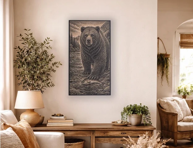 Engraved Birch Wood Panel of Grizzly Bear Catching Fish | BEN5514-GRIZZLYCATCHINGFISH