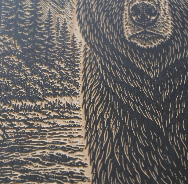 Engraved Birch Wood Panel of Grizzly Bear Catching Fish | BEN5514-GRIZZLYCATCHINGFISH