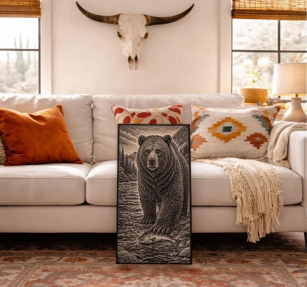 Engraved Birch Wood Panel of Grizzly Bear Catching Fish | BEN5514-GRIZZLYCATCHINGFISH