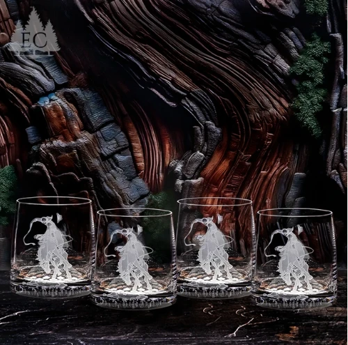 Bronco Etched Fine Crystal 13 oz DOF Glass Set of 4 | EC660-WS-13/4