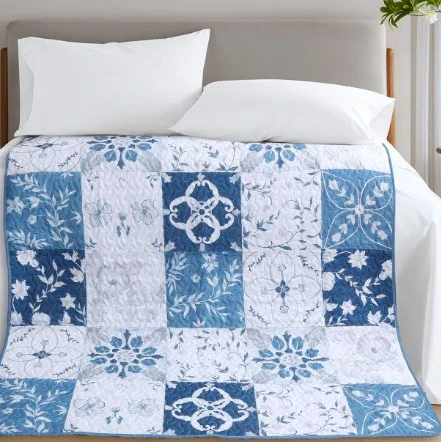 Harmony Blue and White Floral Quilted Throw Blanket | DUKDQT25269