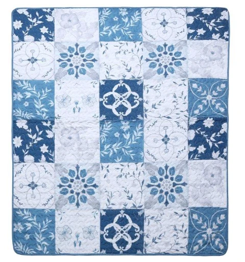 Harmony Blue and White Floral Quilted Throw Blanket | DUKDQT25269Harmony Blue and White Floral Quilted Throw Blanket | DUKDQT25269