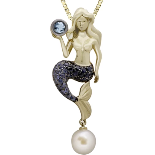 14K Aquamarine and Pearl Mermaid Pendant | Nature Jewelry | HTSSMP-36083