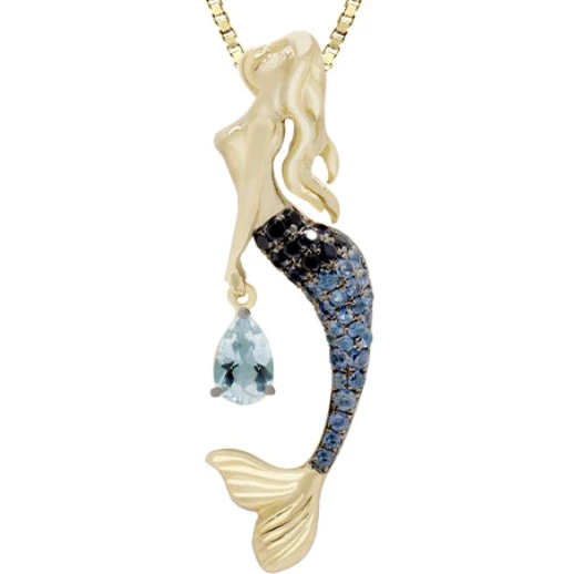 14K Gold Blue Sapphire Mermaid Droplet Pendant | Nature Jewelry