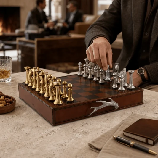 Pewter Antler Handle Chess Set Board with Storage | VHCB928CL