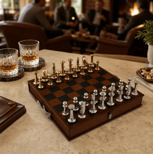 Pewter Antler Handle Chess Set Board with Storage | VHCB928CL