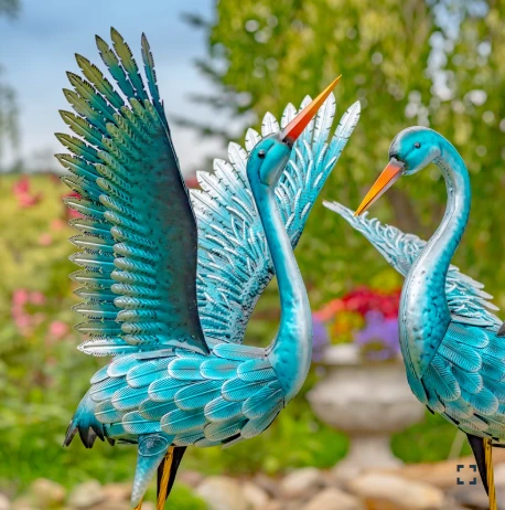 Set of 2 Stylized Metallic Blue-Green Crane Garden Figurines | ZLIZR217098-SET