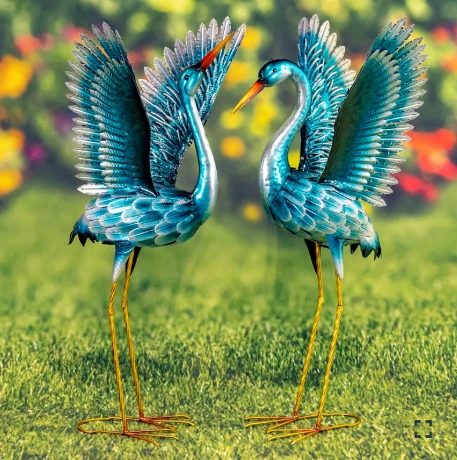 Set of 2 Stylized Metallic Blue-Green Crane Garden Figurines | ZLIZR217098-SET