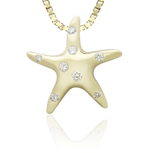 14K Yellow Gold Starfish and Diamond Pendant | Nature Jewelry