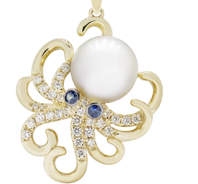 Freshwater Pearl 14K Octopus Diamond and Sapphire Pendant | Nature Jewelry | HTSOP-36106