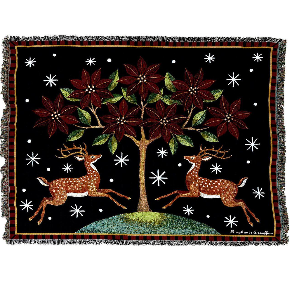 Reindeer Blanket | Poinsettia Throw | Afghan | Pure Country