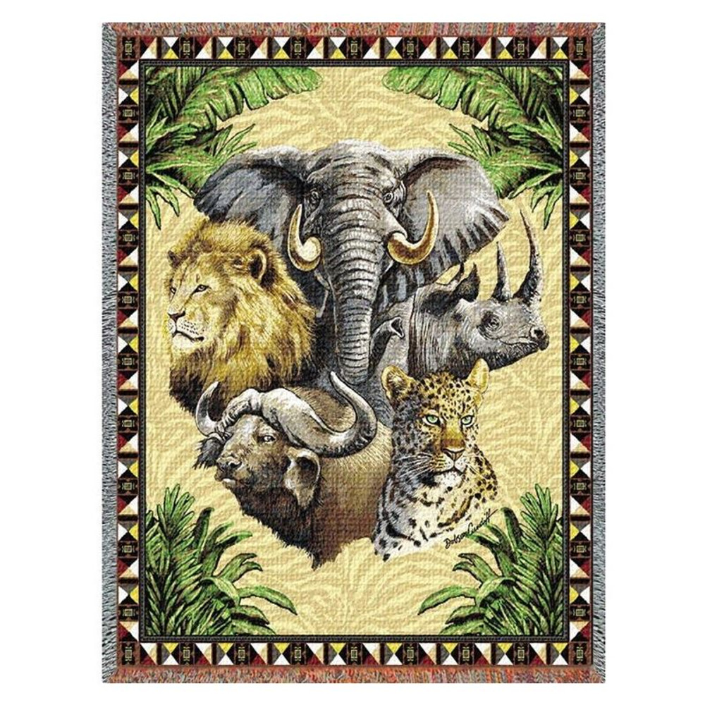 Big Five Wildlife Tapestry Afghan Throw Blanket | Pure Country | pc767T