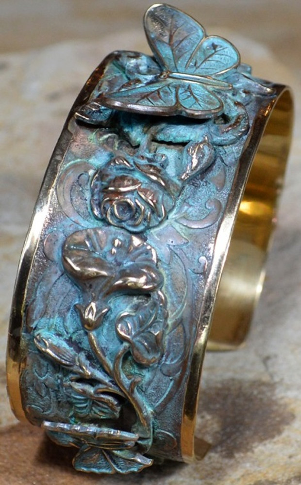 Butterfly on Roses Verdigris Brass Cuff Bracelet | Elaine Coyne Jewelry | ZGP201BC -2