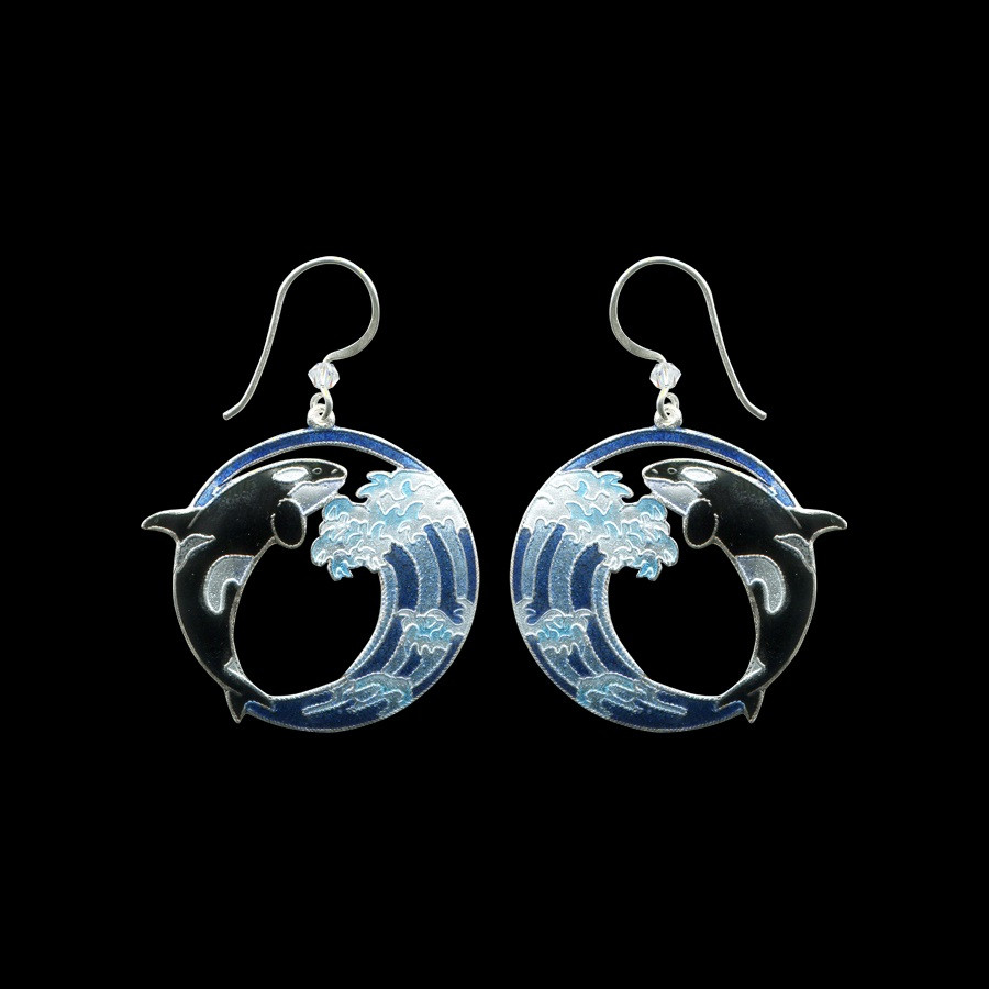 Orca Wire Earrings | Hokusai Wave | Cloisonne Jewelry