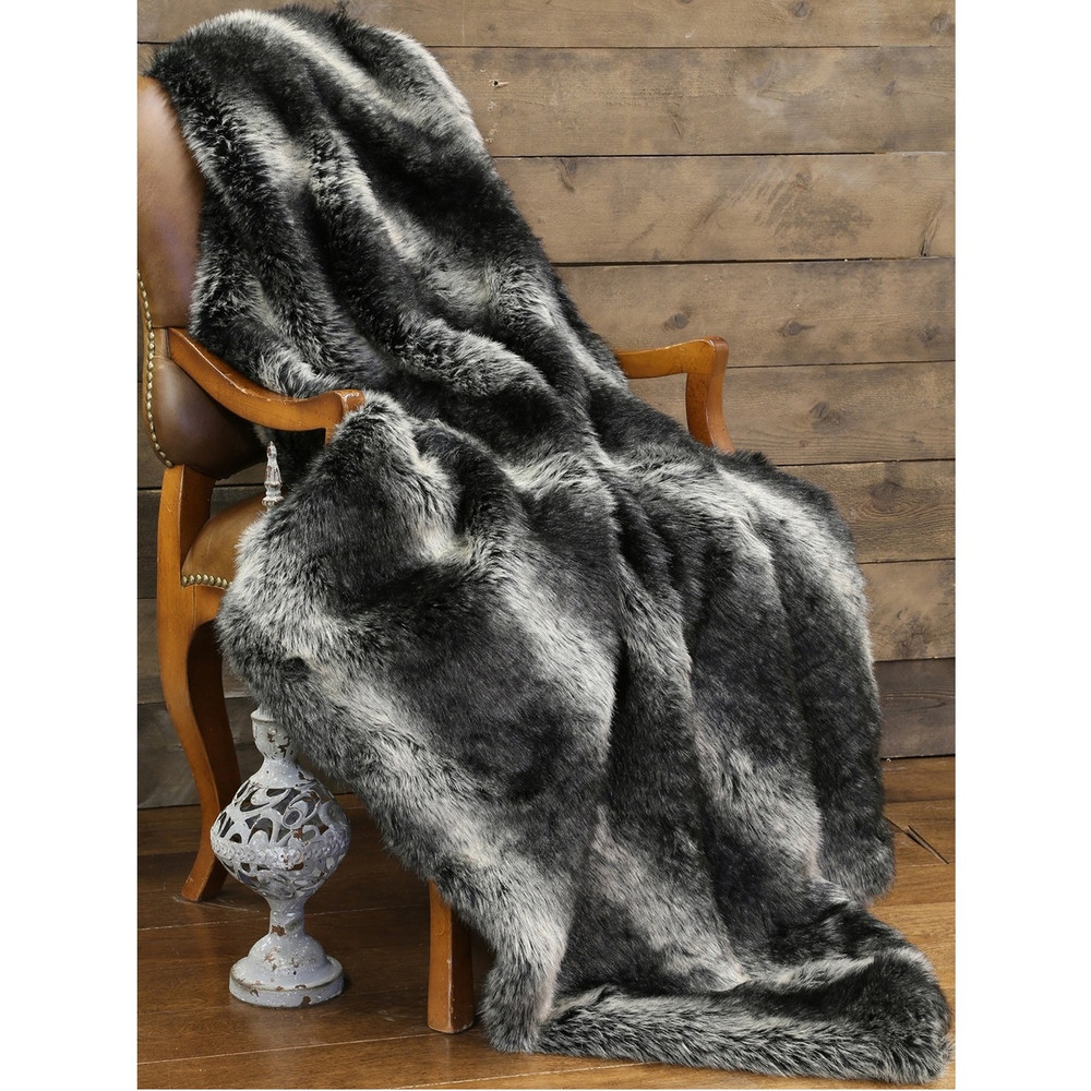 Wolf FauxThrow Black Wolf Fur Blanket Carstens